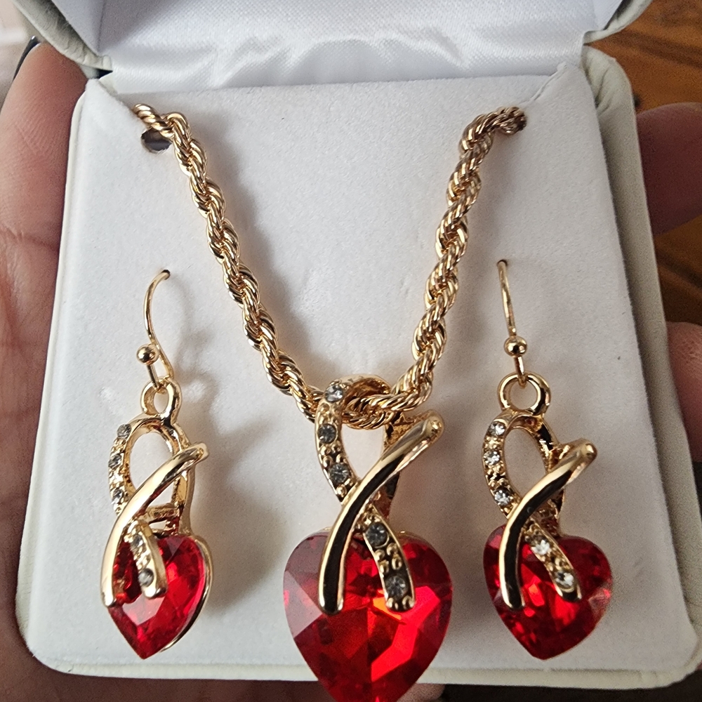 Gold and Red Heart Jewelry Set